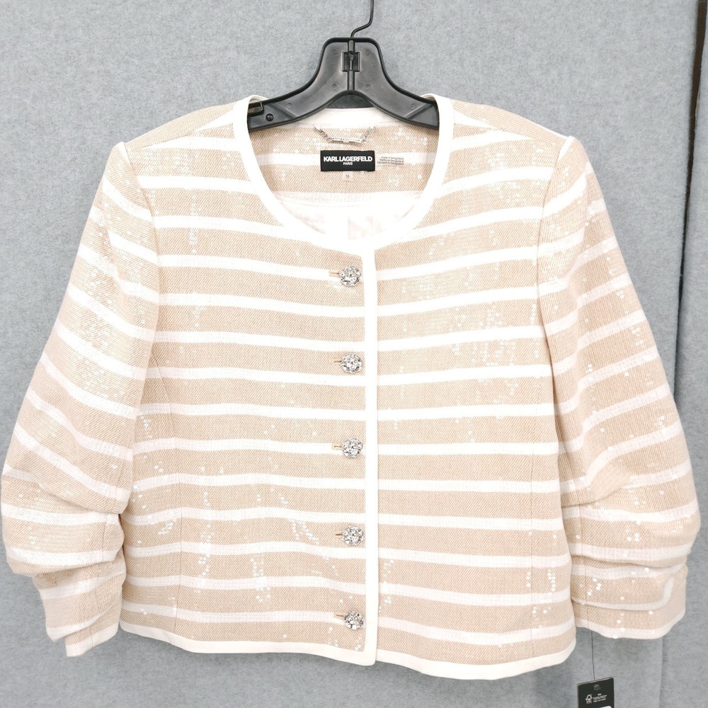 Karl Lagerfeld Paris Sequinned Striped Button Up Jacket Womens Size 16 NWT